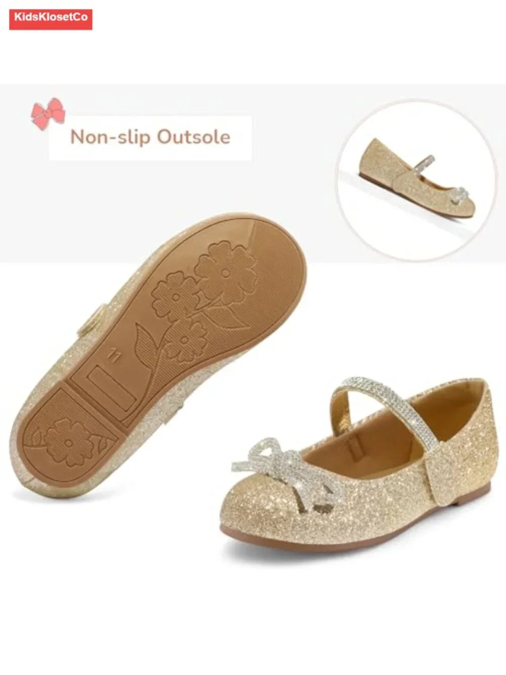 Girls Rhinestone Mary Jane Flats Dress Shoes with Bow